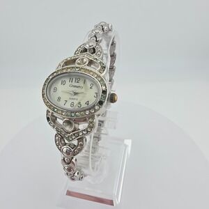 Vtg GRAMERCY Ladies Watch Mother Of Pearl Dial Crystal Accents Silver Tone 7.25"
